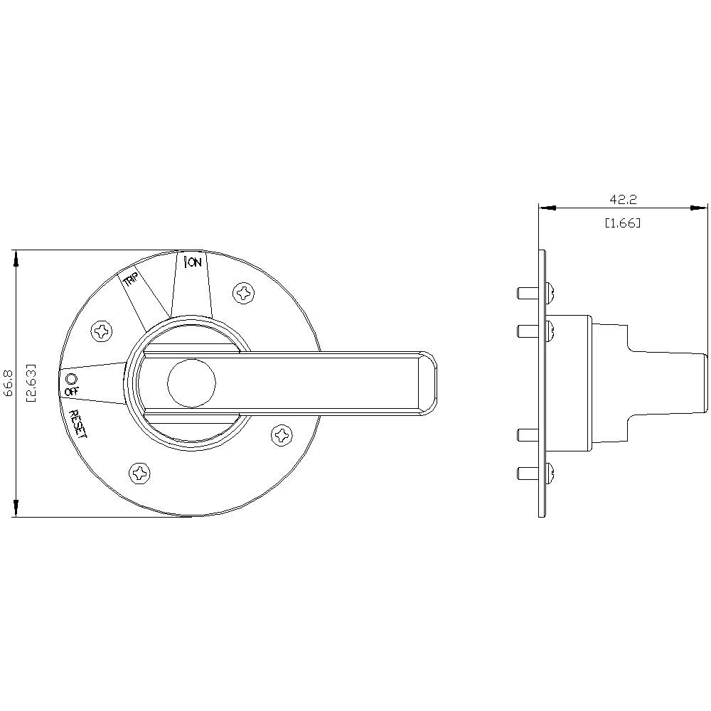 Drawing of a switch lever with the positions Reset, Off, 1 and On. Side view shows lever thickness. Dimensions are indicated.