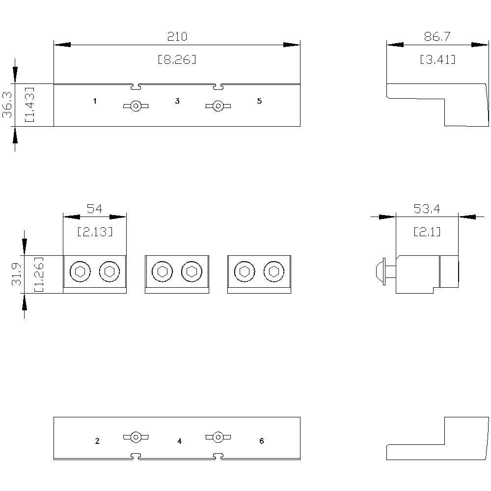 Technical drawing of a rectangular metal component with various views and dimensions in millimetres.