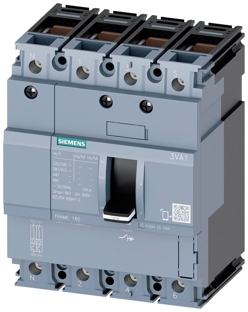 'Siemens 3VA1 circuit breaker, Frame 160, 220/240 V, 50/60 Hz, outline of switching components and QR code on the operating front.'