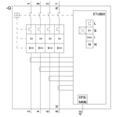 Circuit diagram for a protective switch with ETU350 unit. Shows current paths, connection terminals, and control unit.