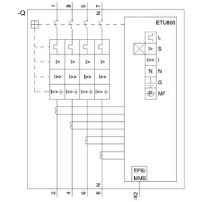 Circuit diagram of a protective switch with four phases, marked as L, S, I, N. Indication for overload, short circuit, and earth fault.
