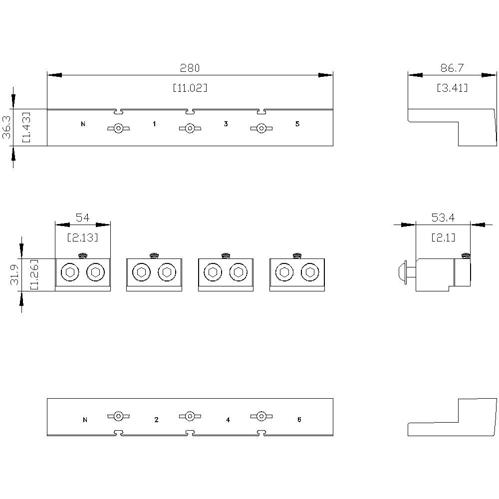 Technical drawing of an electrical distribution board with dimensions in millimetres. Includes top view, side view, and front view with dimensional specifications.
