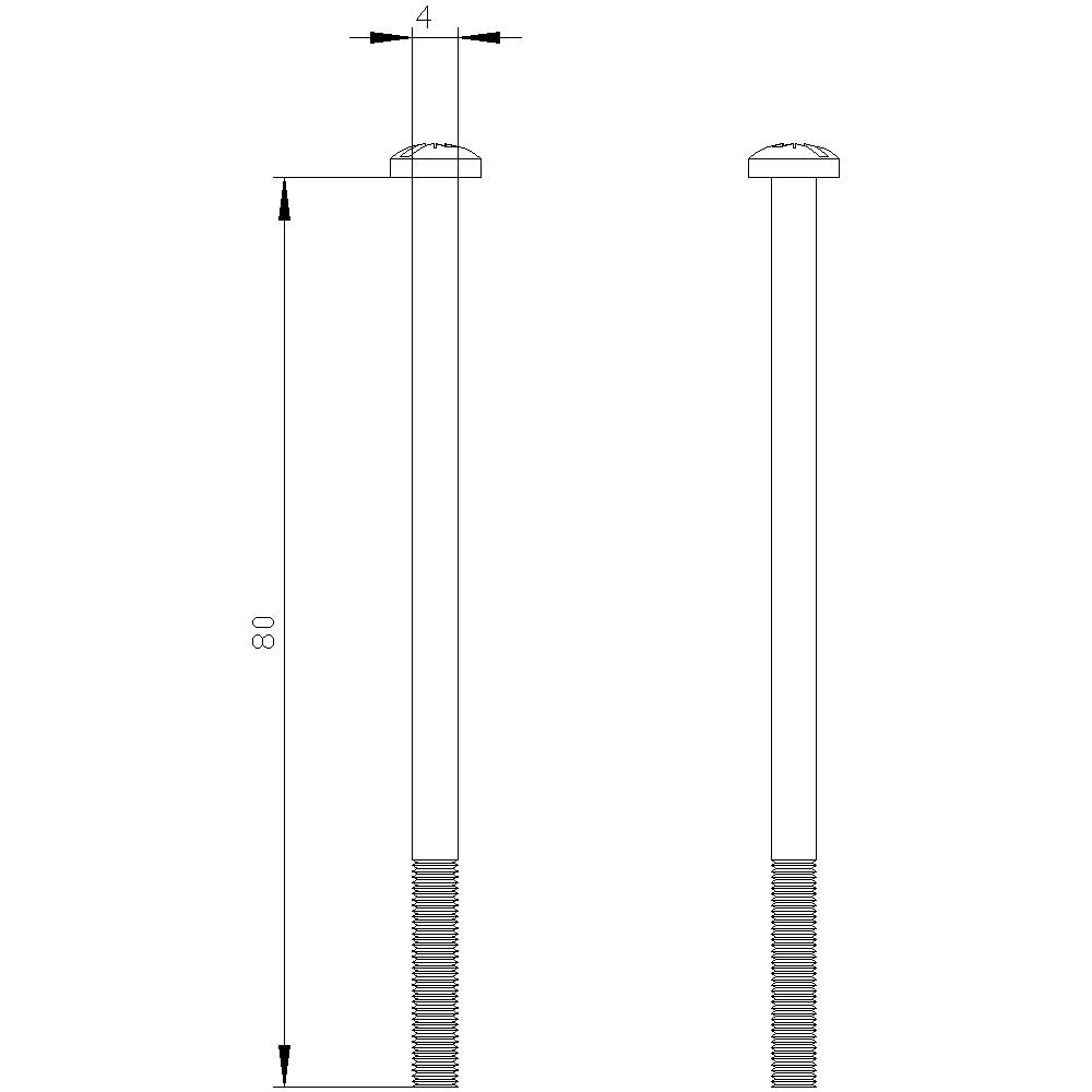 Technical drawing of a bolt with dimensions: Total length 80 mm, head diameter 4 mm. Thread at the lower end.