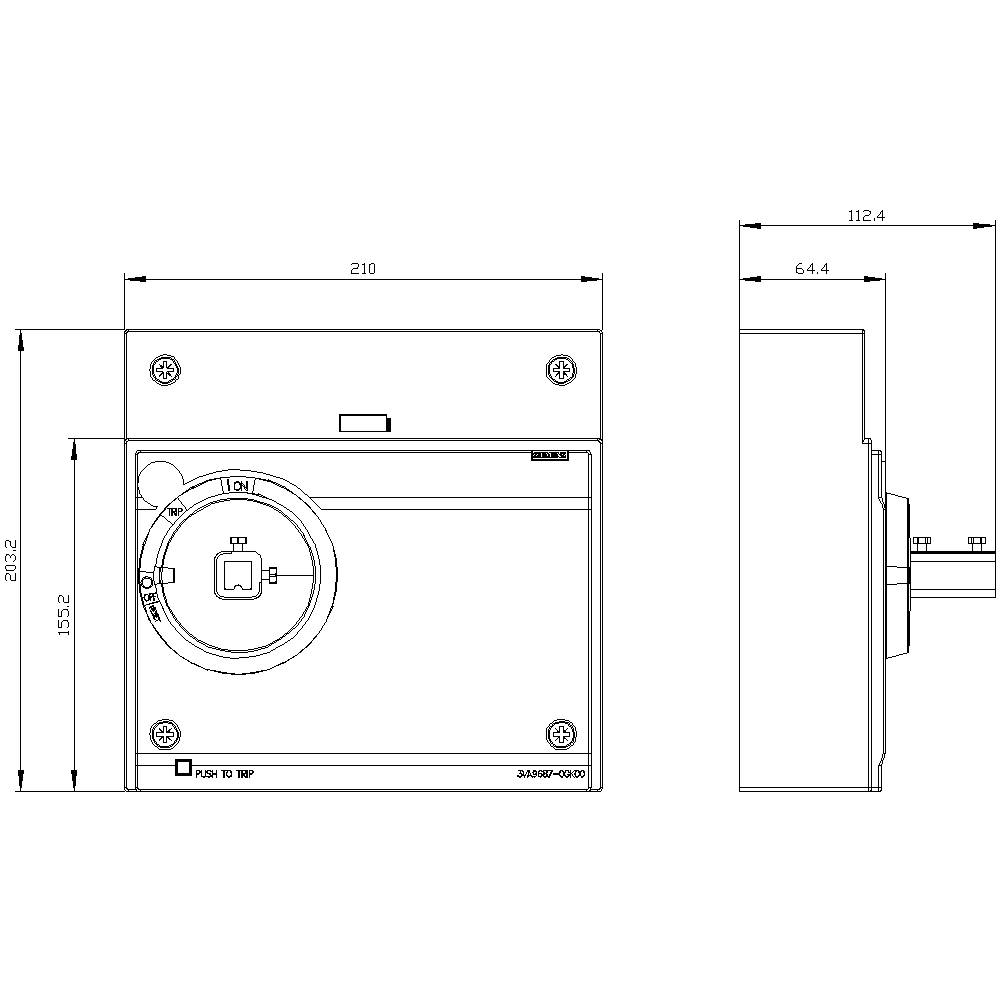 'Technical drawing of a rectangular wall mounting with side dimensions and screw arrangements; top view and side view.'