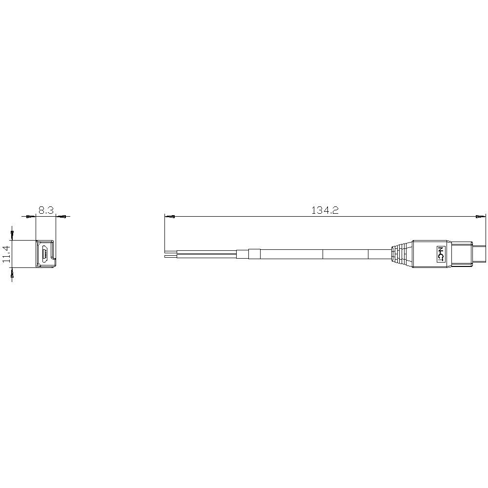 Technical drawing of a cable with plugs on both ends. The length is 134.2 mm, the width 8.3 mm, the height 11.4 mm.