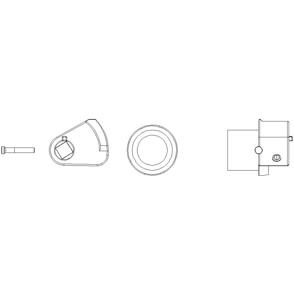 Technical drawing of a mechanical component with various views: side view, top view, and cross-section.