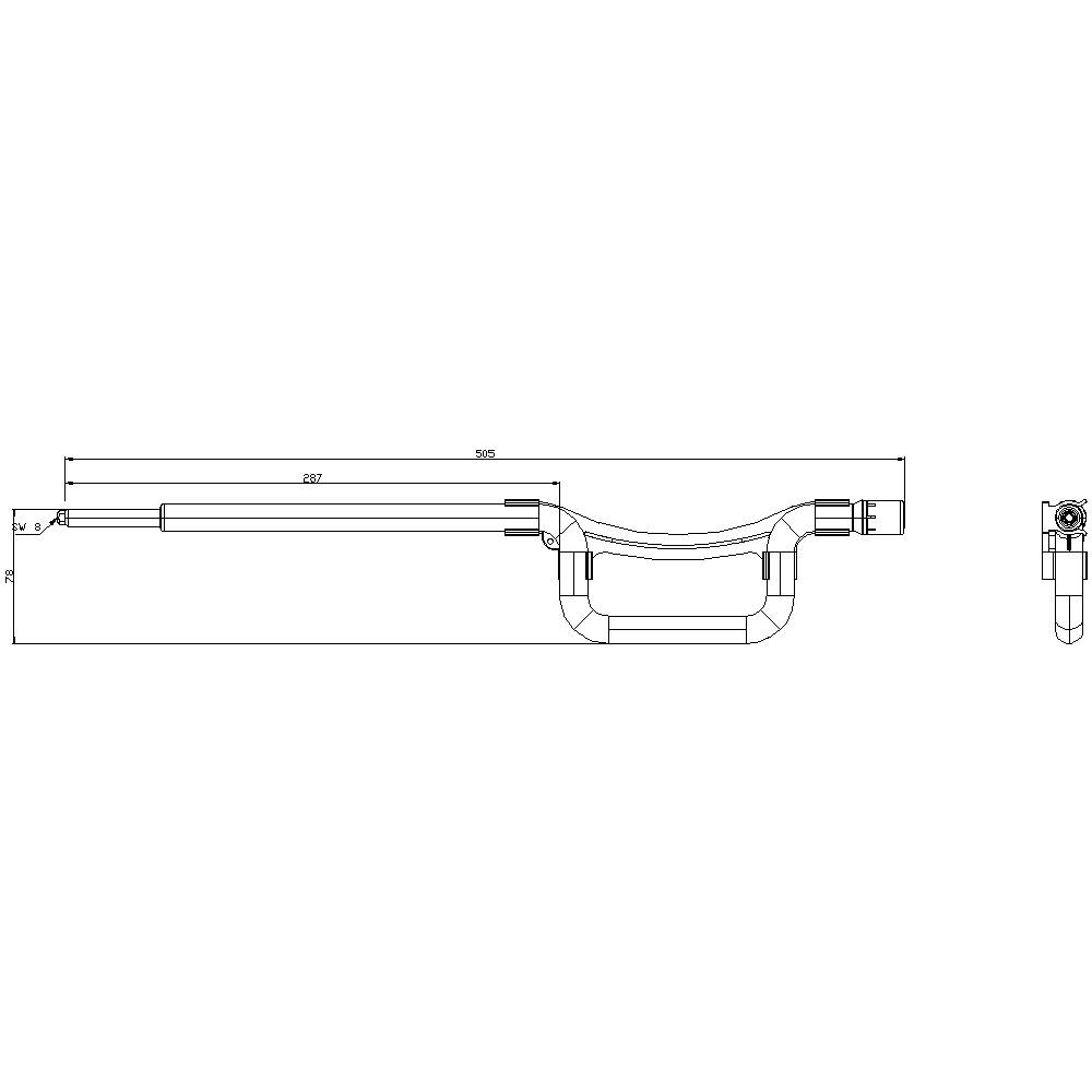Technical drawing of an extended lever with dimensions. Shows lengths and connections. Important for installation instructions.