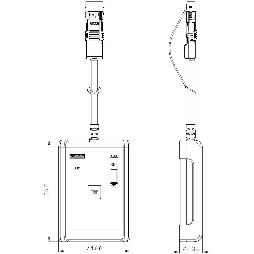 Technical drawing of a device from the front and side with dimensions: Height 106.7 mm, Width 74.66 mm, Depth 24.36 mm. A MCCB connection at the top.