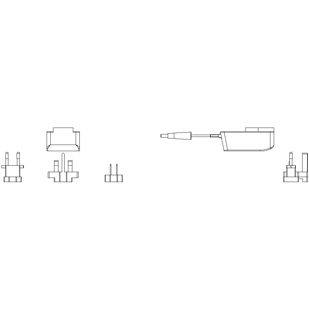 Drawing of a power supply with various interchangeable plugs representing universal connection options.