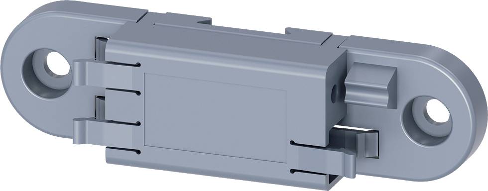 A grey, rectangular plastic hinge with two round fixing holes at the ends, suitable for furniture connections.