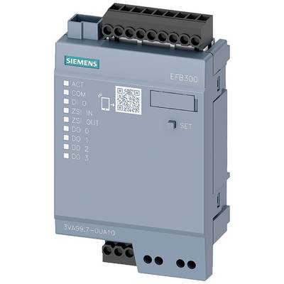A grey, rectangular device with connections at the top and bottom, featuring a QR code and labels such as 'ACT', 'DO 0', 'EFB300'.