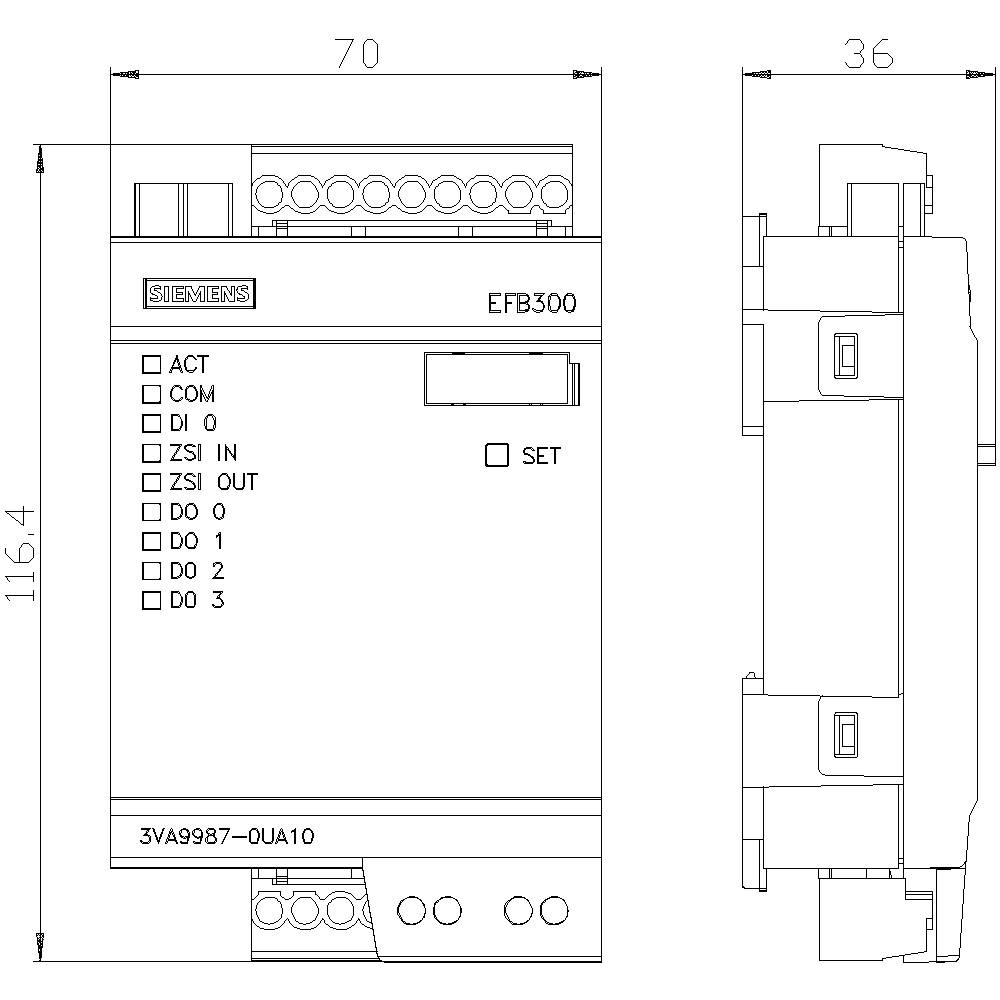 Technical Drawing of an Electronic Device with Dimensions: 116.4 mm high, 70 mm wide. Labels for connection areas, including 'ACT', 'COM', 'ZSI IN', 'ZSI OUT', 'DO 0-3', 'EFB300'.
