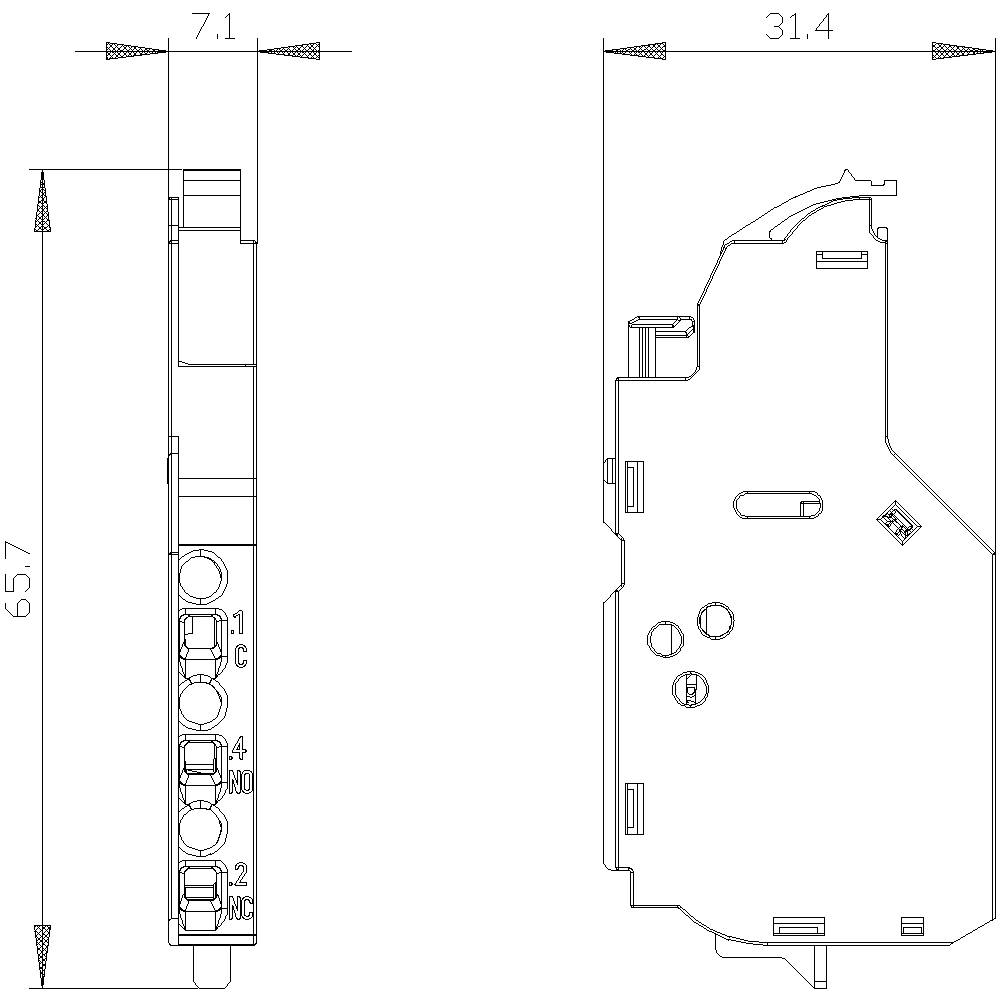 Technical drawing of a component, side and frontal view. Dimensions: Height 65.7 mm, Width 31.4 mm, Depth 7.1 mm.