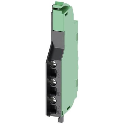 A slim green electrical switch, standing vertically, with black connection terminals on the side.