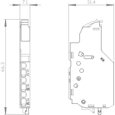 Technical drawing of an electronic component with dimensions: 66.3 mm height, 7.1 mm width, 31.4 mm depth. Side and front view.