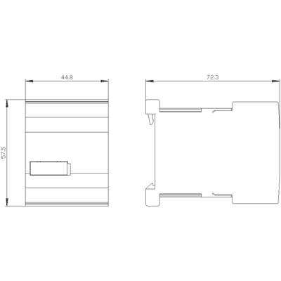 Technical drawing of a component with dimensions. Left: Width 44.8, Height 57.5. Right: Length 72.3.