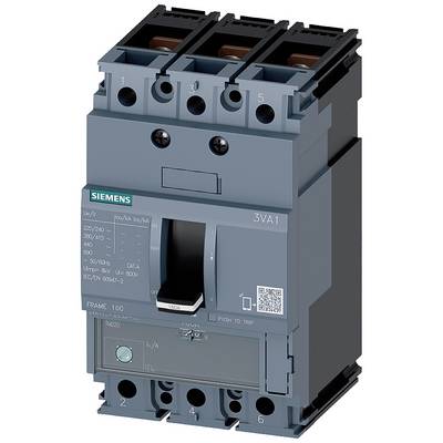 'Siemens 3VA1 circuit breaker, three-pole, grey, with operating lever and QR code, suitable for protection and control of electrical systems.'