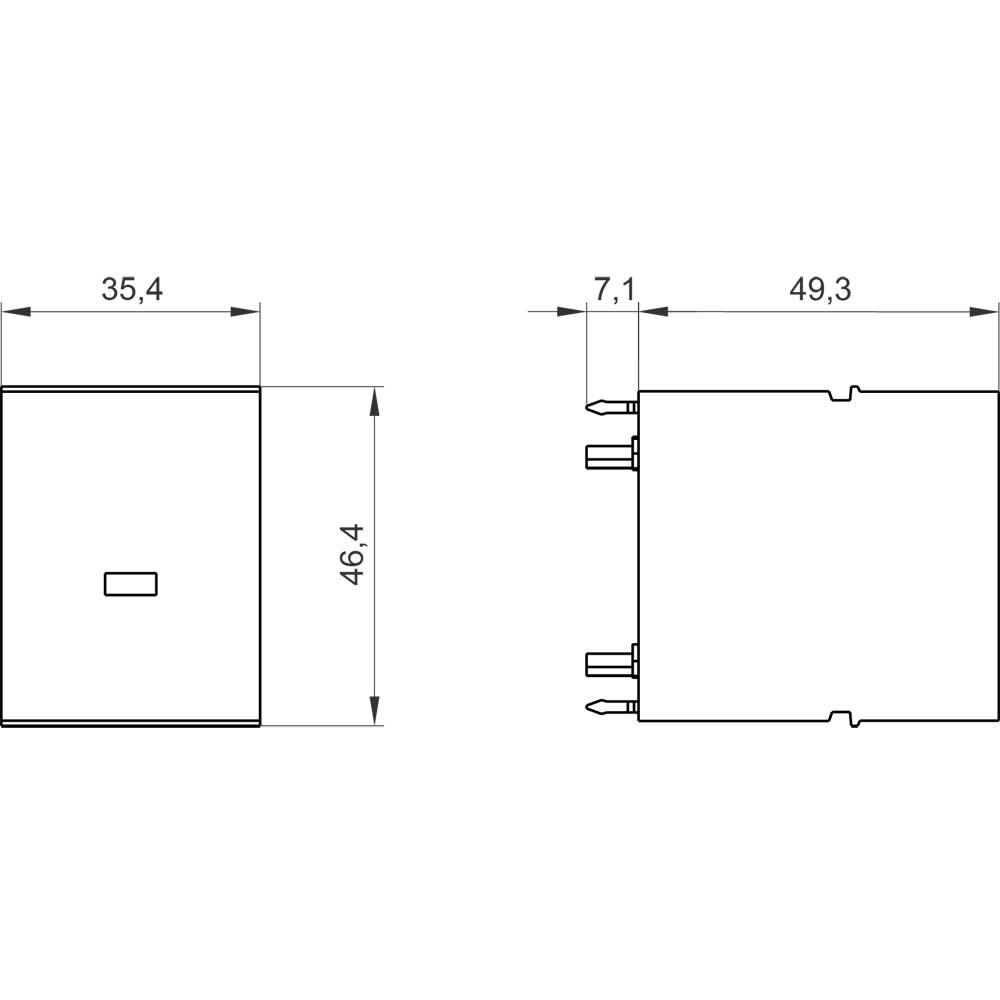 Technical drawing of a rectangular component with dimensions: width 35.4 mm, height 46.4 mm, depth 49.3 mm, lateral connections.