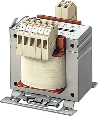 Industrial transformer with connection terminals and metal casing mounted on a mounting plate. Suitable for electrical voltage conversion.