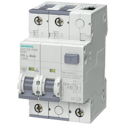 A two-pole circuit breaker by Siemens, model 5SU1 324-7F16, for a voltage of 230V and current rating of 16A.