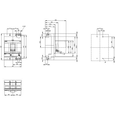 Technical drawing of a machine part with multiple views and detailed dimensioning. Front, side, and top views are shown.