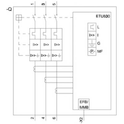 'Circuit diagram of an electrical protective switch with labels ETU830, EFB/MMB bottom right. Numbered terminals are 1 to 6.'