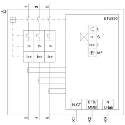 A circuit diagram of a power circuit breaker with an ETU850 control unit, showing connections and control elements for current flow regulation.