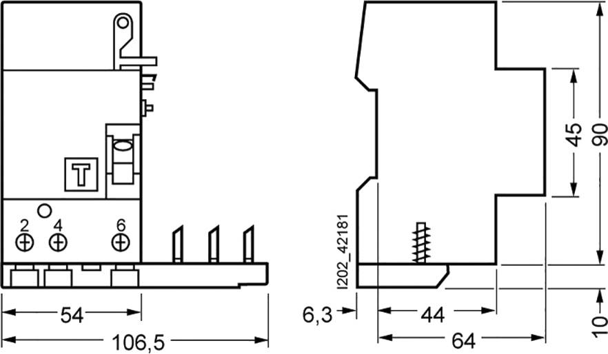 Technical drawing of an electrical component with dimensions: width 54 mm, height 90 mm, depth 64 mm. Front and side views shown.
