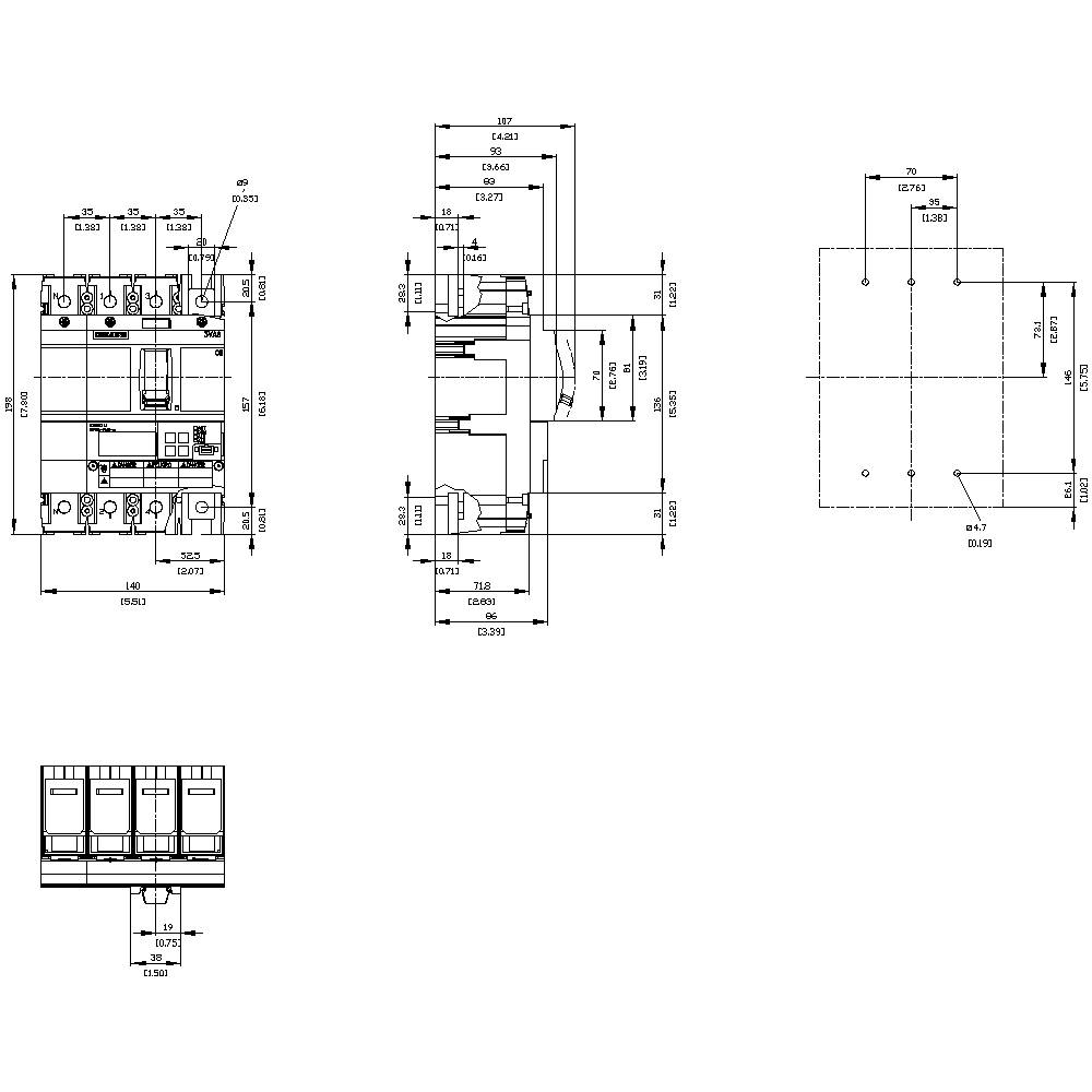 Technical drawing of an electrical switch showing front, side, and top views. Dimensions stated in millimetres.