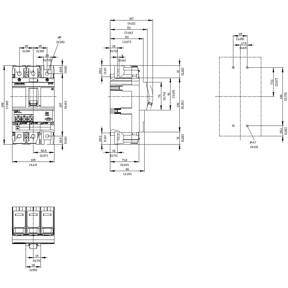 Technical drawing of an electrical switch with front, side, and top views. Detailed dimensions and connection points are shown.