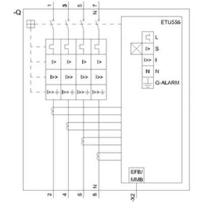 'Electrical circuit with ETU556 module. Shows connections between lines L, S, I, N and G-ALARM. EFB/MMB positioned bottom right.'