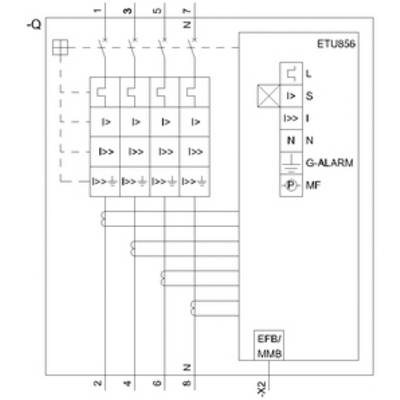 Circuit diagram of an electrical device with ETU856 module. Shows connections and components: L, S, I, N, G-Alarm and MF.