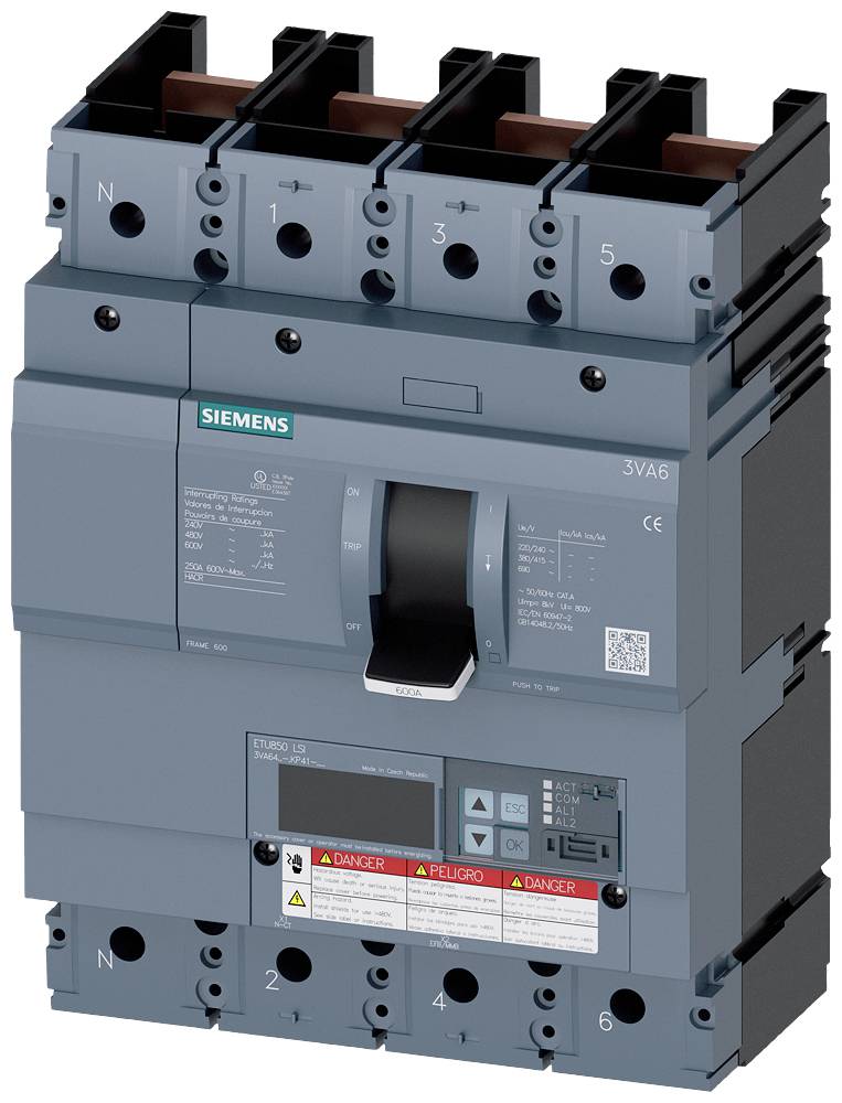 'Siemens 3VA6 circuit breaker with blue housing colour and safety markings, suitable for industrial applications.'