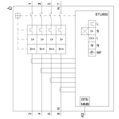 Circuit diagram of an electrical protection device with labels 'ETU850', 'EFB/MMB'. Shows electrical connections and symbols.