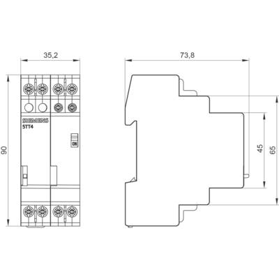 Diagram of an electrical switch with dimensions: width 35.2 mm, height 90 mm, depth 73.8 mm; manufacturer's mark visible.