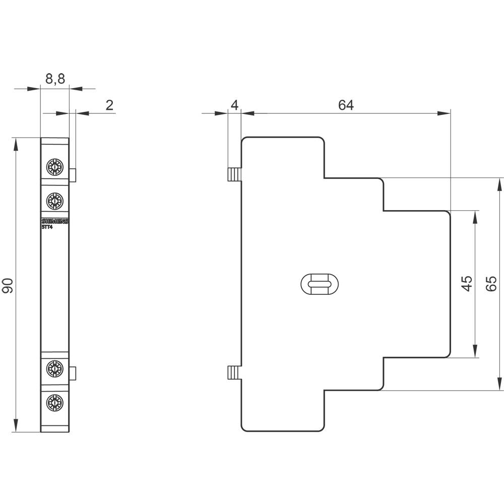 Technical drawing of a rectangular component with dimensions: width 8.8 mm, height 90 mm and depth 64 mm, side view with perforations.