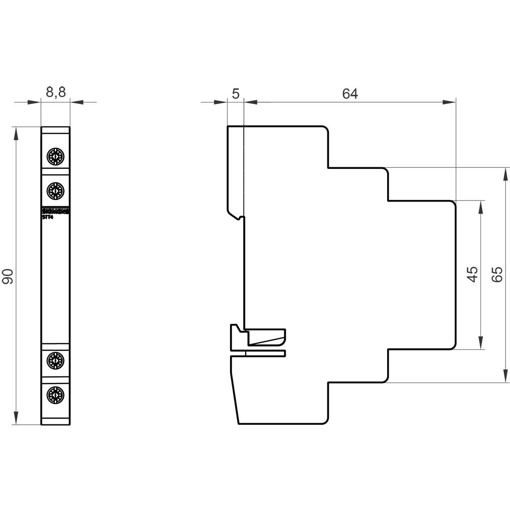 Technical drawing of a narrow, rectangular electronic component with dimensions: 8.8 mm width, 64 mm length, 90 mm height.