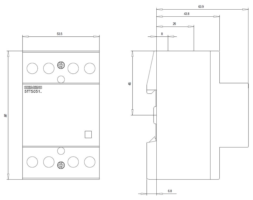 Technical drawing of a device with measurement units in millimetres. Front view shows 6 connections. Side view shows width and height.