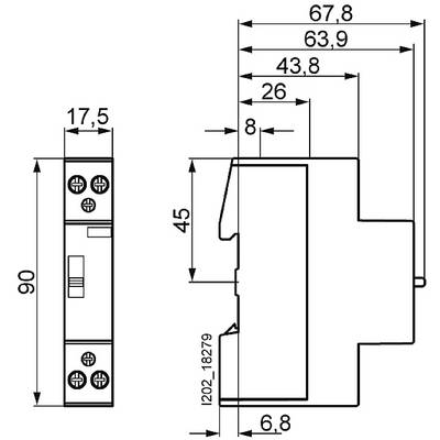 Technical drawing of an electrical component with dimensions: 90mm height, 17.5mm width, 67.8mm length. Shows screw terminals and DIN rail mounting bracket.