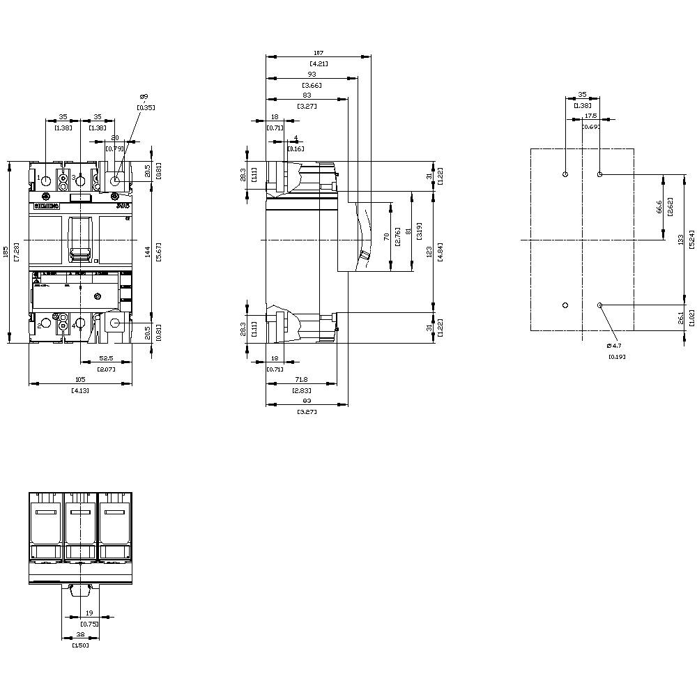 Technical drawing of a mechanical component with detailed dimensions and views from different perspectives.