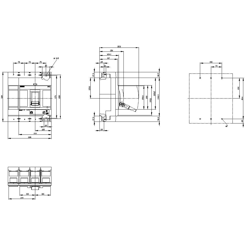 Technical drawing of a complex mechanical component with multiple views and detailed dimensional specifications in millimetres.