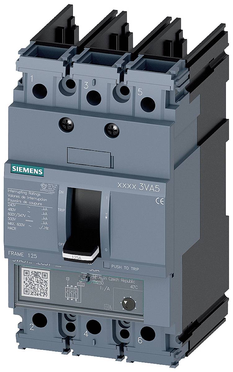 'Siemens' circuit breaker, Model 3VA5, three-pole, with on/off switch and technical specifications on the front.