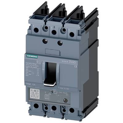 'Siemens' circuit breaker, Model 3VA5, three-pole, with on/off switch and technical specifications on the front.