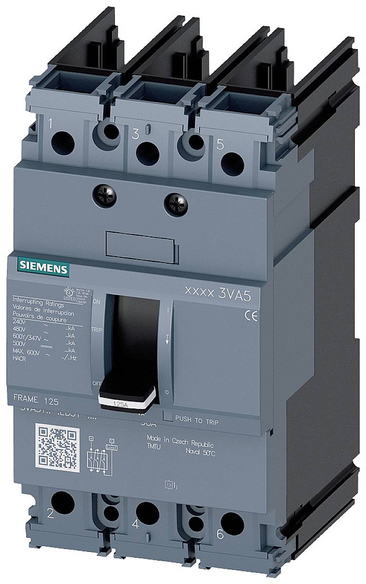 A three-pole Siemens circuit breaker, identified by the model number '3VA5', used for controlling and protecting electrical circuits.