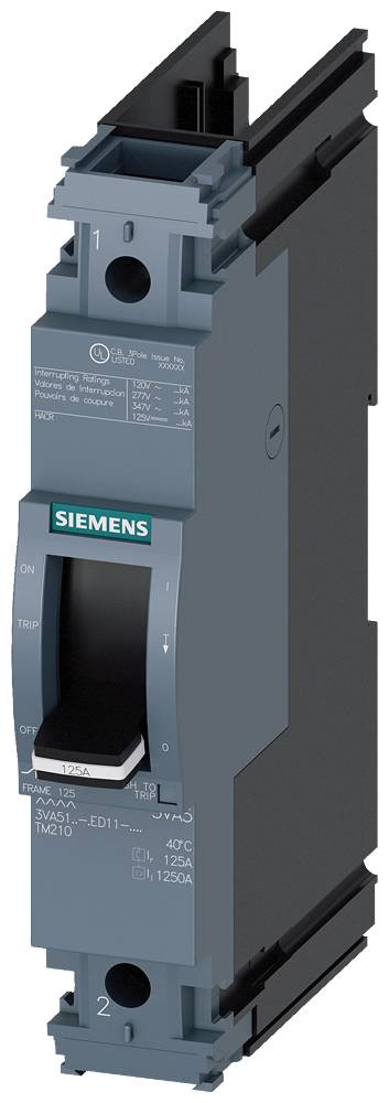A grey Siemens circuit breaker with a lever in the centre, arranged vertically.
