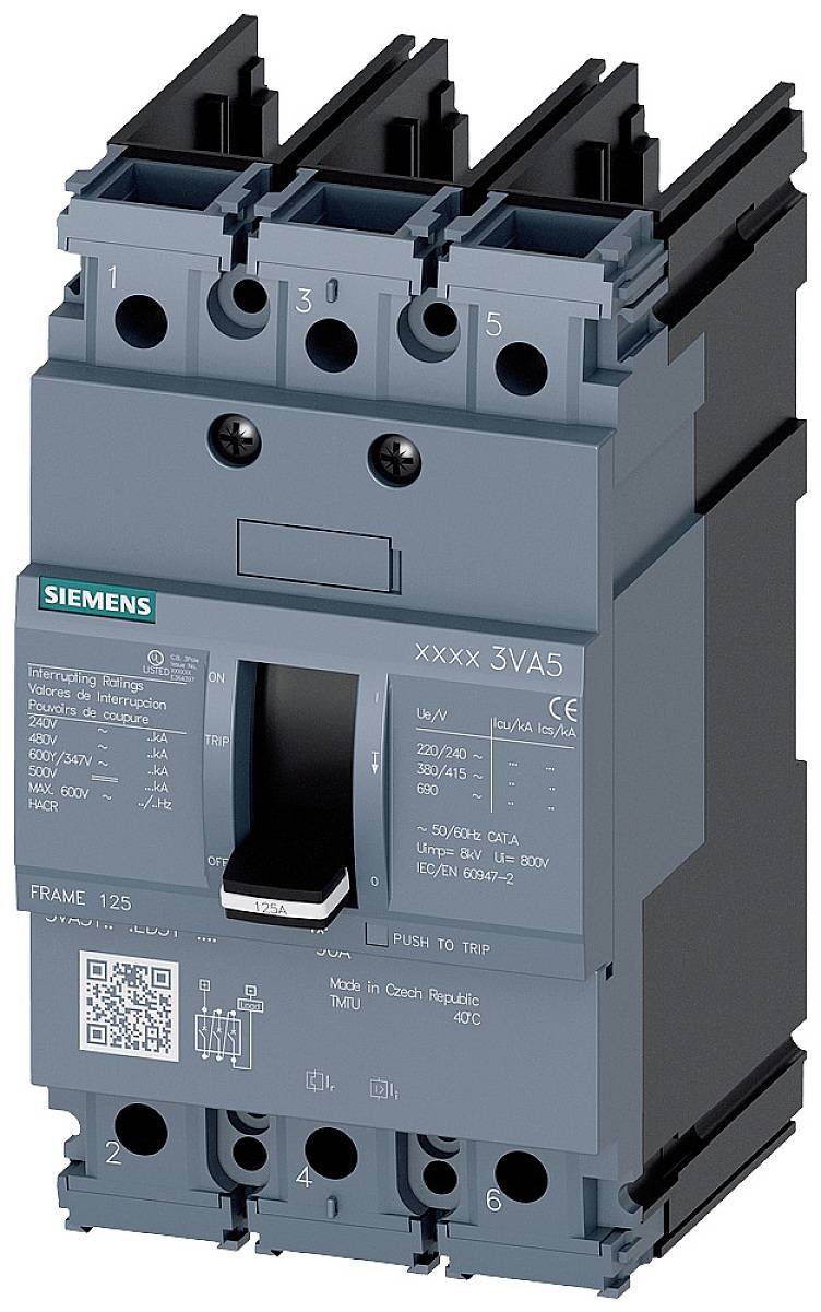 A blue electric Siemens circuit breaker. Shows 3-pole connections at the top, 3VA5 model number and technical details.