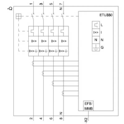 Circuit diagram of an electrical switchboard with four circuit breakers, marked as 'ETU330', with connections L, N, G.