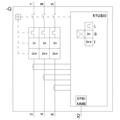 Circuit diagram of an electrical protective device with ETU350 unit. Shows contacts, current paths, and labels 'EFB/MMB' and 'Q'.