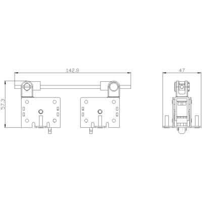Technical drawing of a mounting bracket with dimensions. Top: 142.8 mm width, 57.3 mm height. Side view on the right: 47 mm depth.
