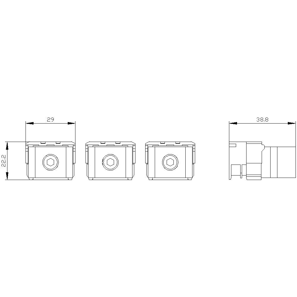 Technical drawing of a rectangular electronic component with dimensions: 29 mm width, 22.2 mm height, 38.8 mm depth.